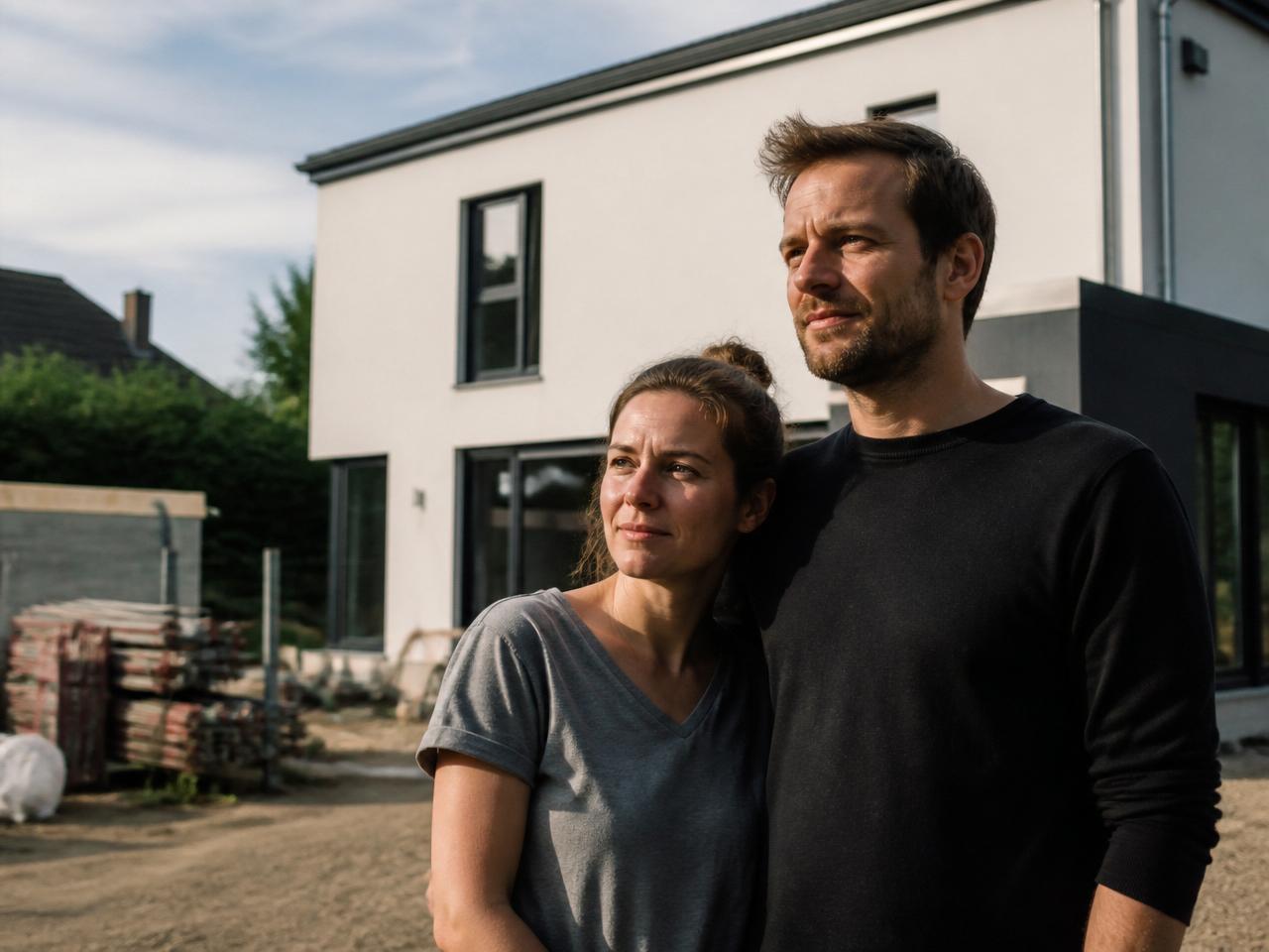 Bauherren-Paar vor ihrem neu errichteten Haus